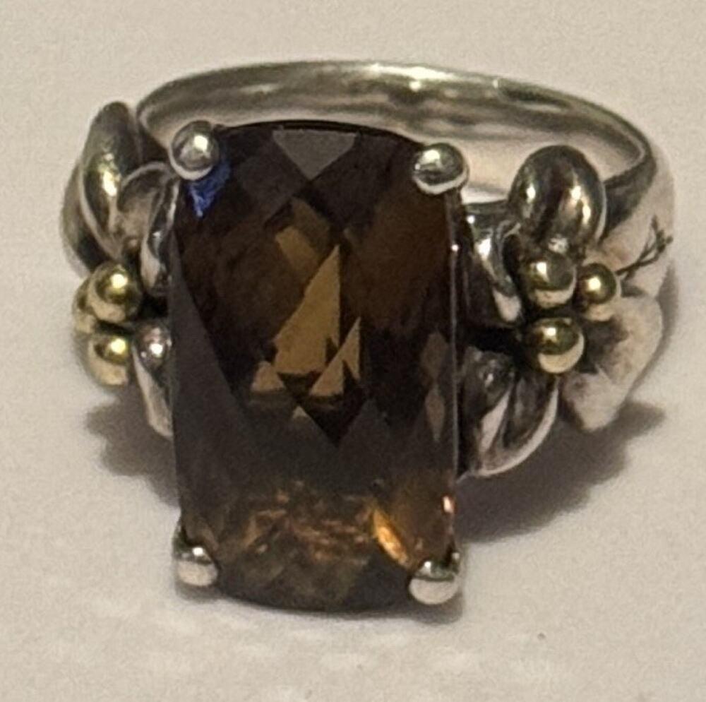 Vintage Ann King 925 Sterling 18K Smoky Quartz Floral Statement Ring Size 7.5